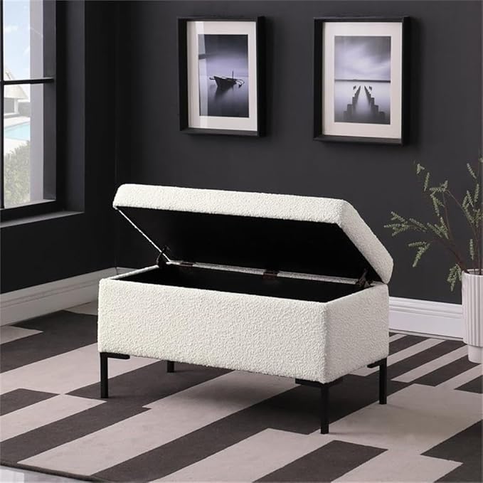 HomePop Upholstered Storage Bench with Metal Leg Home Décor|Bench with Storage for Living Room & Entryway - Cream Boucle