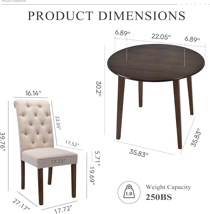COLAMY 3-Piece Extendable Dining Table Set for 2, 36" Round Kitchen Wood Table with 2 Tufted Dining Room Chairs, Light Brown/Beige