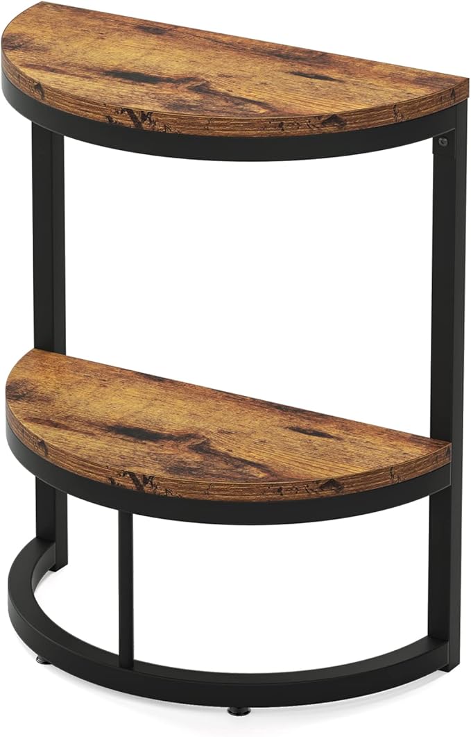 LITTLE TREE 2-Tier End Table Half Round with Storage Shelf, Small Side Table Space Saving Narrow Accent Table for Living Room Sofa Couch, Bedroom, Rustic Brown
