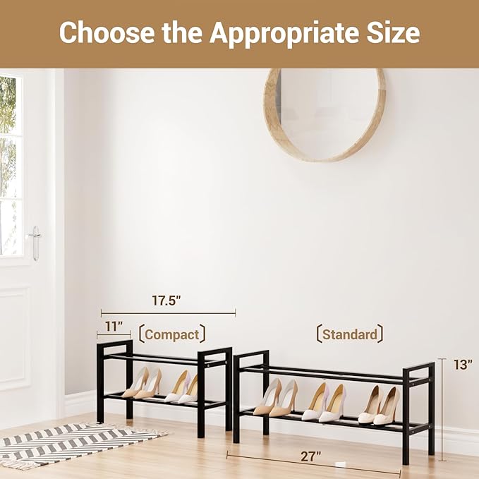 Haddockway Bamboo Shoe Rack for Closet, Free Standing Shoe Organizer with Smooth Round Rods & Convenient Handles, Stackable Shoe Storage Shelf for Entryway, Hallway(Black, 2-Tier)