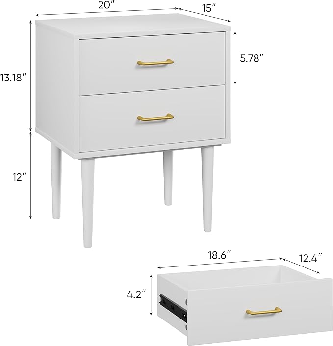 26 H White Nightstand with 2 Drawers, Small Night Stand with Gold Handles, Bedside Table with Solid Wood Legs, Tall Nightstands for Bedroom