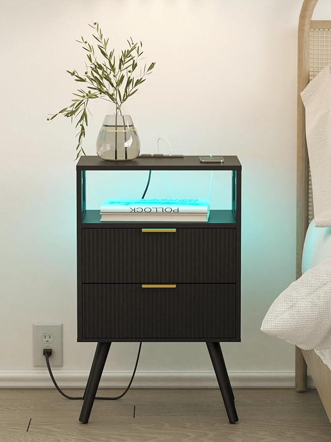 Nightstand, Modern Bedside Table with 2 Storage Drawer and Open Wood Shelf for Bedroom and Small Spaces, Night Stand with Solid Wood Legs (Black-Outlet)
