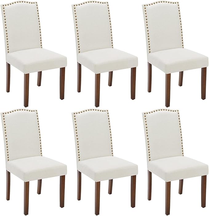 Kitchen Chairs Set of 6 Modern Upholstered Fabric Seat with Nailhead Trim and Ergonomic Lumbar Support for Living Room and Rustic Farmhouse Dining Area, Beige