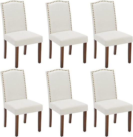 Kitchen Chairs Set of 6 Modern Upholstered Fabric Seat with Nailhead Trim and Ergonomic Lumbar Support for Living Room and Rustic Farmhouse Dining Area, Beige