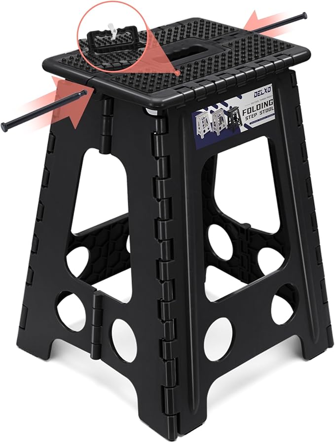 Delxo Folding Step Stool 17.5 Inch Non-Slip Foldable Stools Up to 300 LBS Kitchen Collapsible Fold Up Stepping Stool with Dotted 1 Pack Black