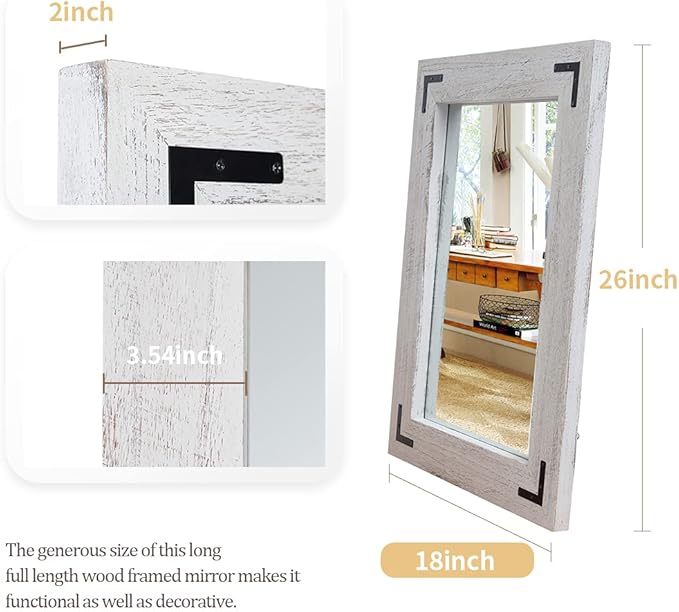 YOSHOOT Rustic Wooden Framed Wall Mirror, Natural Wood Bathroom Vanity Mirror for Farmhouse Decor, Vertical or Horizontal Hanging (26" x 18", White Grey)