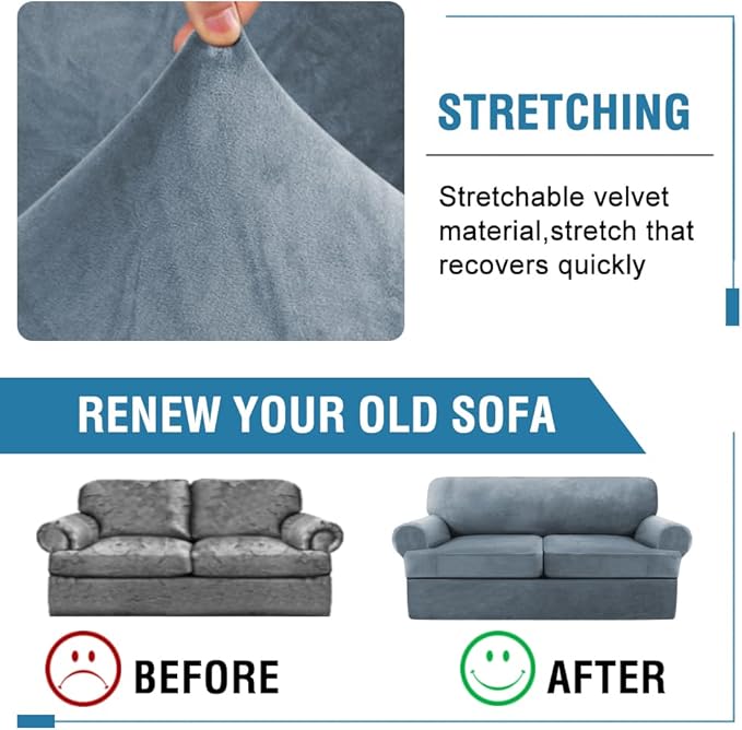 H.VERSAILTEX Sofa Cover 3 Piece Sofa Slipcovers Thick Velvet Couch Cover Furniture Protector Stretch Sofa Covers for 2 Cushion Couch with 2 Individual T Cushion Covers Washable, Stone Blue