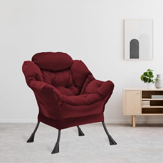 Lazy Chair Thick Padded, Comfy Velvet Accent Lounge Chair with Stable Frame, Leisure Sofa Armchair with Armrests and Side Pocket, Reading Chair for Bedroom, Living Room, Office, Burgundy