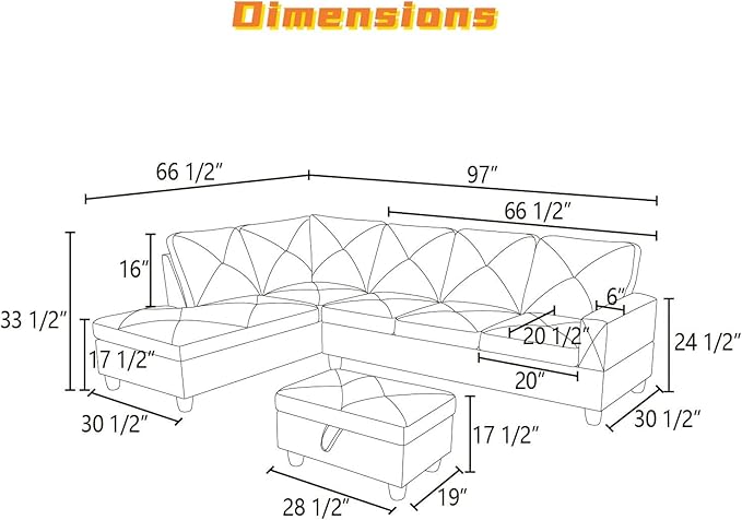 L Shaped Sectional Couch with Otttoman, 97" Leather Sectional Sofa for Living Room Modular Couches with Cup Holders for Bedroom, Apartments, Ginger