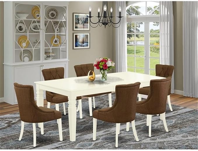 East West Furniture LGFR7-LWH-18 7 Piece Kitchen Table Set Consist of a Rectangle Dining Table with Butterfly Leaf and 6 Brown Linen Linen Fabric Parson Chairs, 42x84 Inch, Linen White