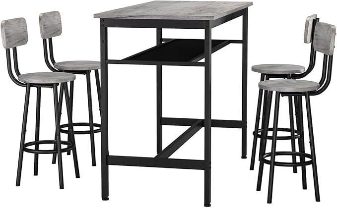 5-Piece Bar Table and Chairs Set, 43.3'' Pub Table Set Modern Small Table and Chairs Set of 4 for Breakfast Nook Living Room Small Space Restaurant, Grey
