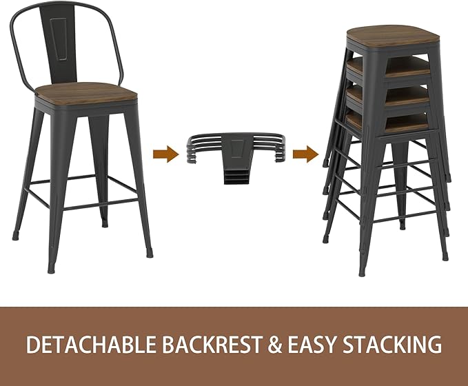 24” Swivel Bar Stools Set of 4, Counter Height Bar Stools Wooden Seat, Metal Industrial Bar Chairs with High Back for Kitchen Island (Black)