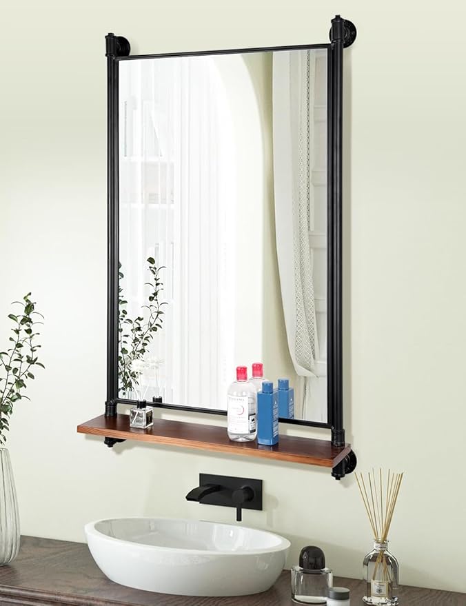 Industrial Pipe Mirror Wood Shelves,Bedroom Mirror with Shelf,Rectangle Iron Wall Mirrors for Living Room Bedroom(34.6 x 23.6 in)