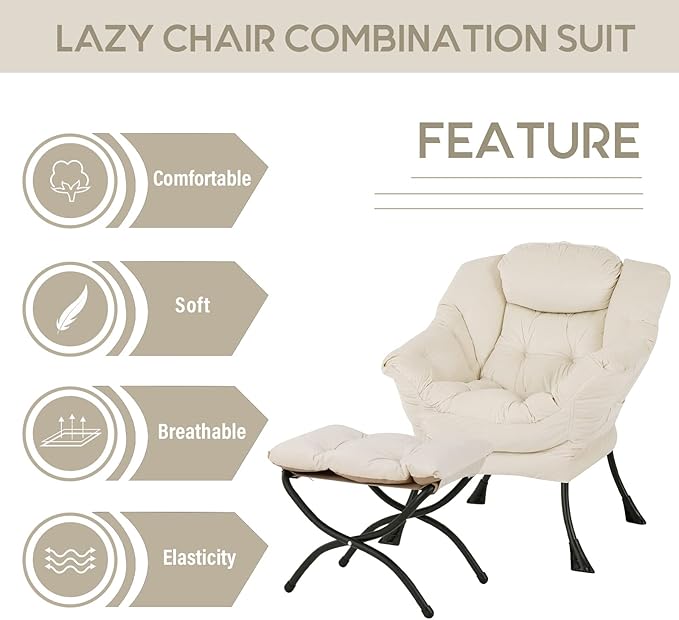 LITA Lazy Chair with Ottoman, Accent Contemporary Lounge Single Leisure Upholstered Sofa Set Armrests and a Side Pocket, Reading for Living Room & Bedroom, Beige 10.6D x 28.3W x 36.6H in