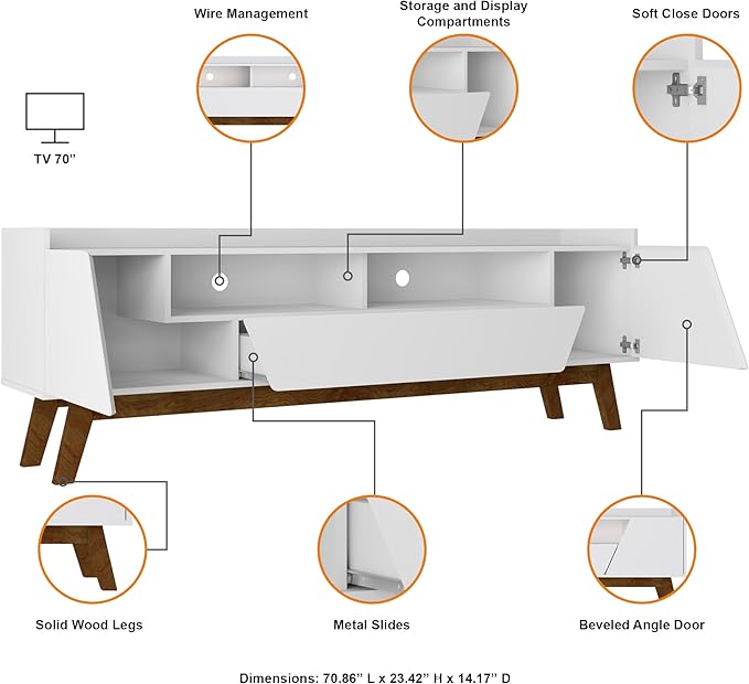 Manhattan Comfort Marcus Mid Century Modern 70 Inch TV Stand with Drawers, Cable Management, 4 Shelves and Soft Close Doors, Entertainment Center and Media Console for Living Room, White