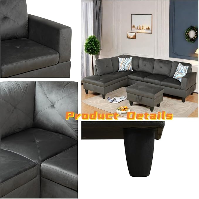 L Shaped Sectional Couch with Otttoman, 97" Sectional Sofa for Living Room Flannel Modular Couches with Cup Holders for Bedroom, Apartments, Grey