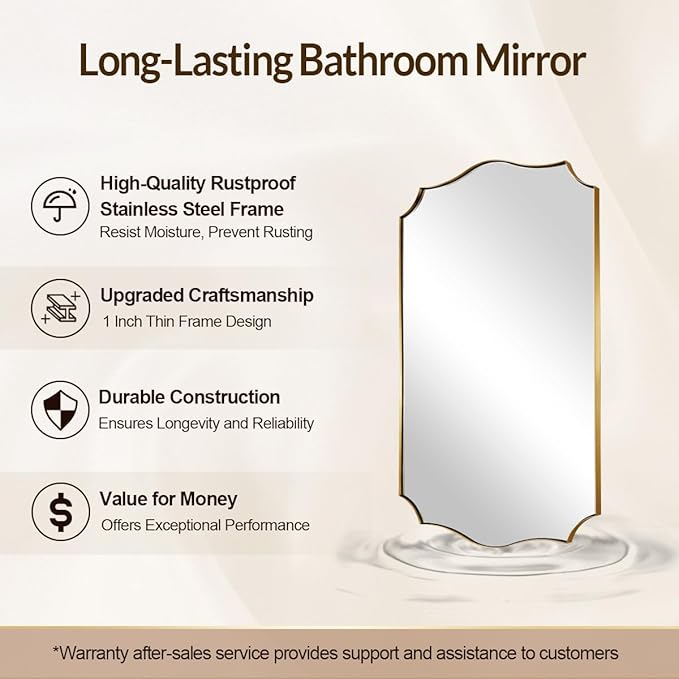 24x32 Gold Mirror, Brushed Gold Scalloped Mirror for Bathroom in Premium Stainless Steel Metal Thin Frame Deep 1", Antique Brass Irregular Wall Mirror Hangs Horizontal or Vertical