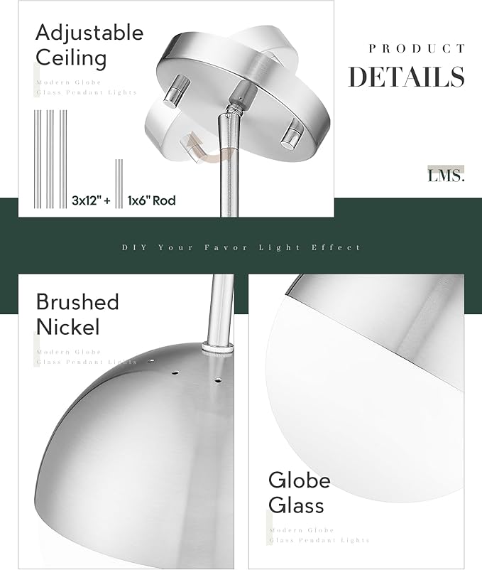 LMS Brushed Nickel Pendant Lights Kitchen Island, 8" Modern Globe Pendant Light Fixtures with Milk White Glass, Adjustable Hanging Lighting for Kitchen Island Sink Bedroom Bathroom, LMS-203
