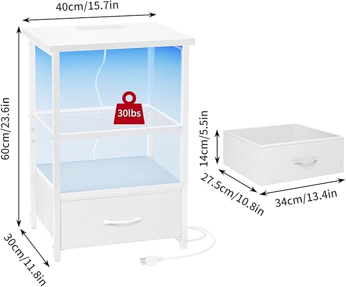 Fixwal Night Stand with Charging Station, LED Nightstand with Fabric Drawers, End Table with PU Finish, Bed Side Table, White
