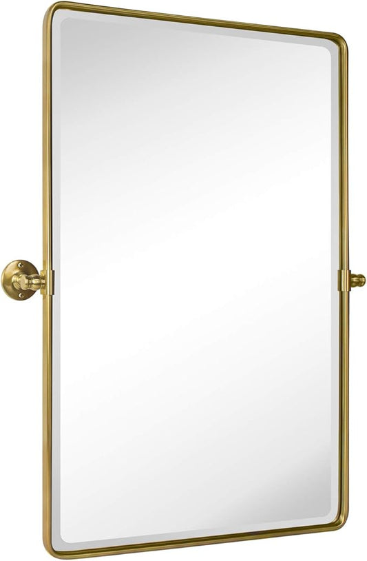 TEHOME 27 x 35'' Gold Pivot Mirror Brushed Champagne Gold Tilt Rectangle Bathroom Mirror Tilting Beveled Vanity Mirrors for Wall