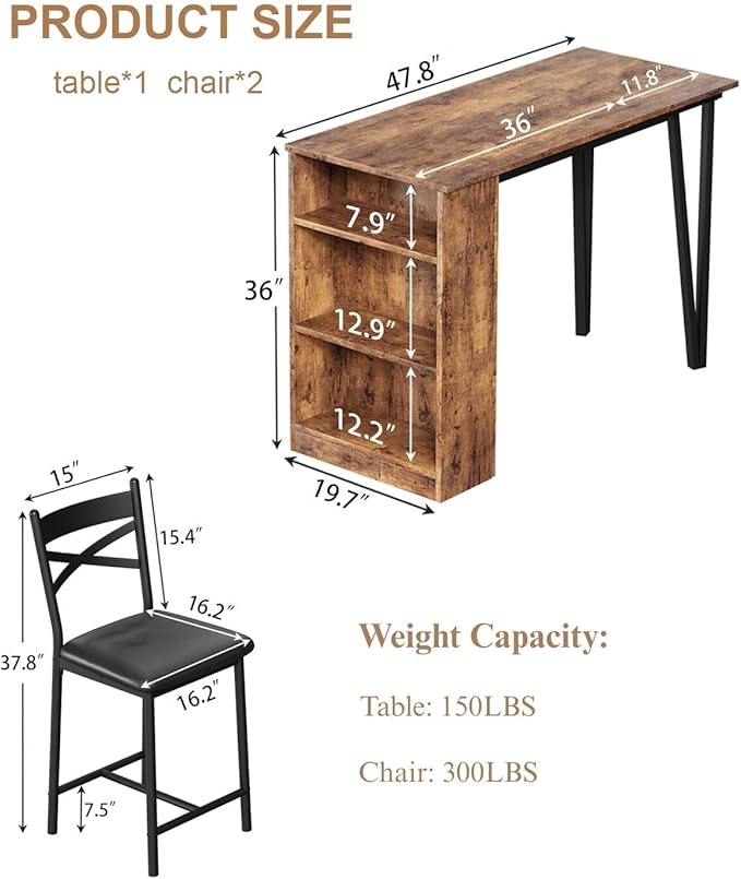 Garvee Bar Table and Chairs Set, 3 Piece Bar Table Set with with Flip Top Extension and Storage Shelves, Dining Table Set for 2, Suitable for Small Space Kitchen Apartment, Brown
