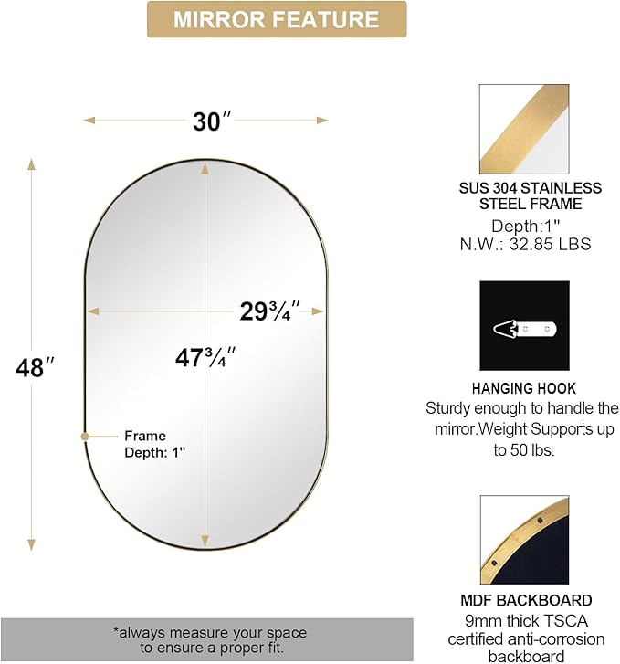 ANDY STAR Brushed Gold Bathroom Mirror, 48 x 30 Inch Oval Vanity Mirror, Brushed Brass Mirror for Wall in Stainless Steel Metal Frame 1’’ Deep Wall Mounted Horizontal/Vertical