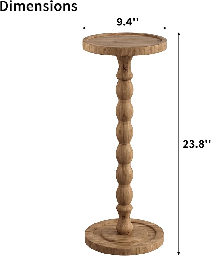 Solid Wood Drink Table, Rubber Wood‌ Small Round Side Table for Small Spaces, Martini Tables, Pedestal End Tables for Living Room, Bedroom, Corners, and Office (Brown, 9.4 inch)