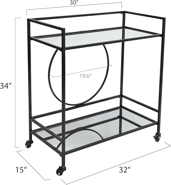 RiteSune Black Bar Cart with Wheels, Vintage Serving Cart Wine Cart with 2 Mirror Shelves, Alcohol Cart Liquor Bar Carts for Home Bar
