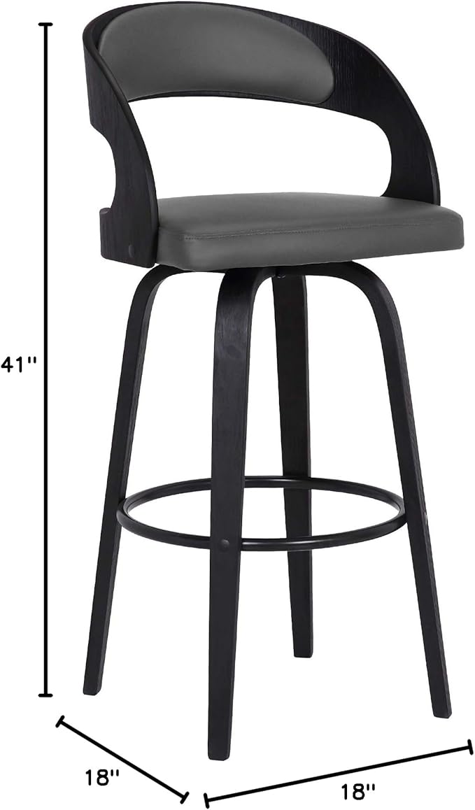 Armen Living Shelly 30" Bar Height Swivel Gray Faux Leather and Black Wood Bar Stool - Set of 4