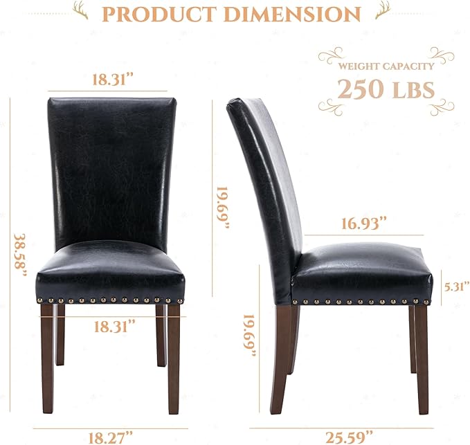 Parsons Dining Chairs Set of 4, Upholstered Nailhead PU Leather Dining Room Kitchen Side Chair with Thick Cushions and Wood Legs, Black