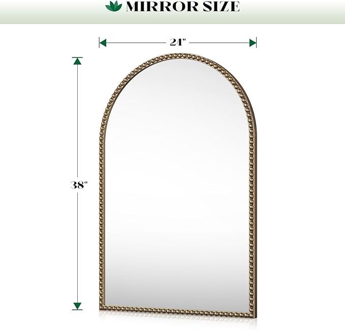 Beaded Arched Mirror for Wall, 24"x38" Gold Arch Bathroom Vanity Mirror, Retro Brass Metal Frame Decorative Mirror for Bedroom Dressing Room Entryway Fireplace