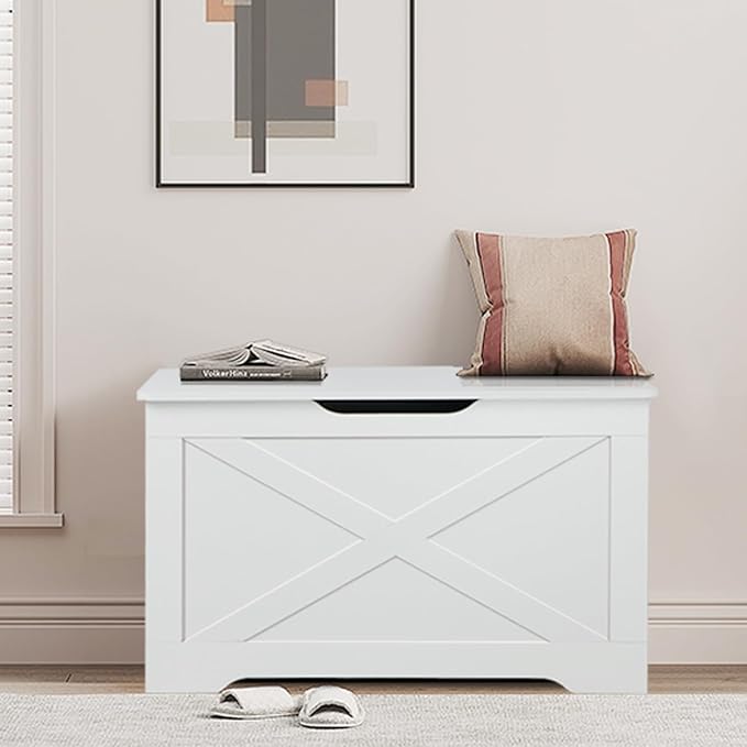 Storage Chest, Wooden Storage Bench, Entryway Shoes Bench with 2 Safety Hinges, Retro Storage Trunk for Living Room, Bedroom, 15.7 x 31.5 x 18.9 Inches, White