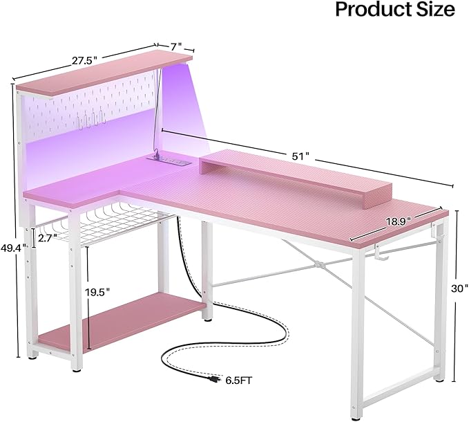 Homieasy Small Gaming Desk with Power Outlets Pegboard LED Light, 51 Inch L Shaped Computer Desk with Monitor Stand Storage Shelves, Reversible Corner Desk with Headset Hooks, Carbon Pink