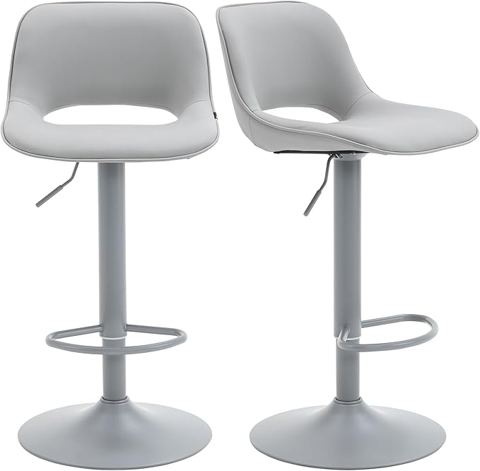 YOUNIKE Bar Stools Set of 2 All Grey Swivel Barstools, Adjustable Counter Height Bar Stools Faux Leather Upholstered Counter Stools with Hollow Back for Kitchen Island