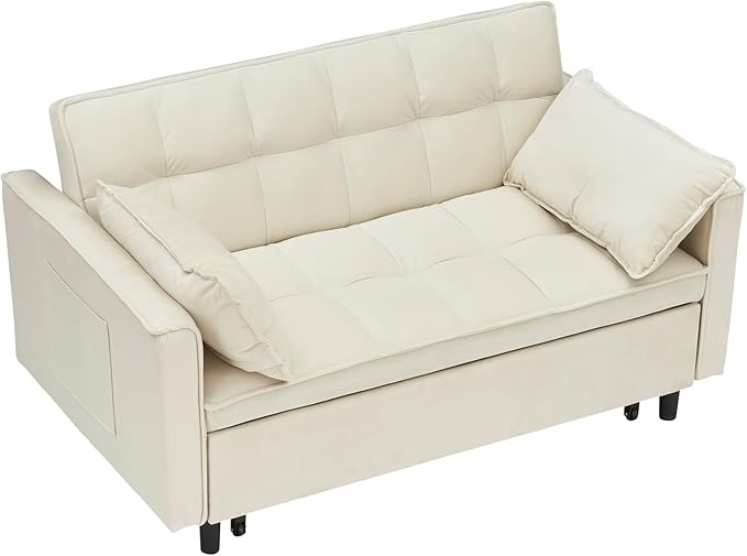 Ball & Cast Convertible Sofa Bed,Loveseat Sleeper Sofa W/Pull-Out Bed&2 Pillows,Convertible Pull Out Couch W/Adjustable Backrest&Side Pocket,Velvet Futon Couches for Living Room,Apartment,Beige,55"