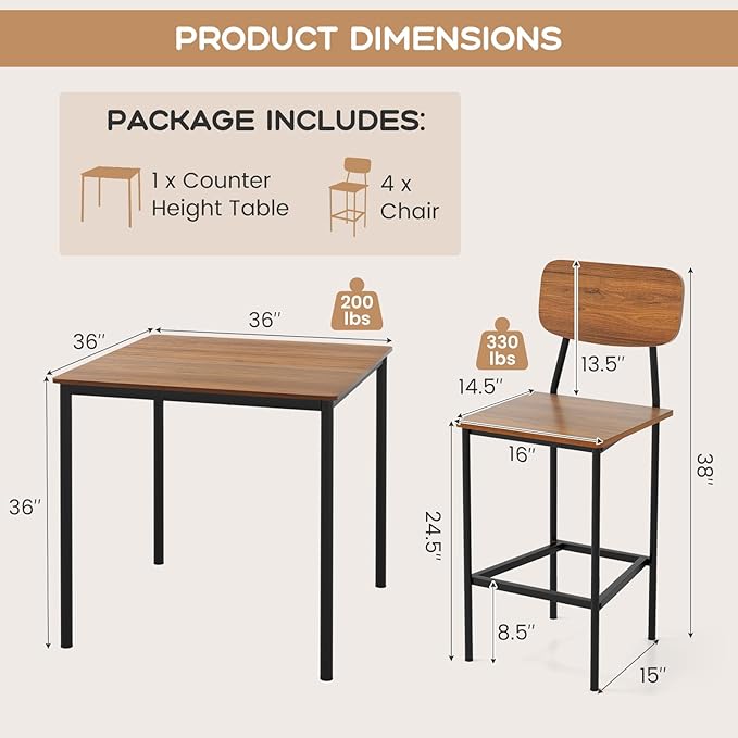 Tangkula Bar Height Table and Chairs, Counter-Height Dining Table Set, Pub Table and Chairs Set of 4, Space-Saving Dinette Set for Breakfast Nook