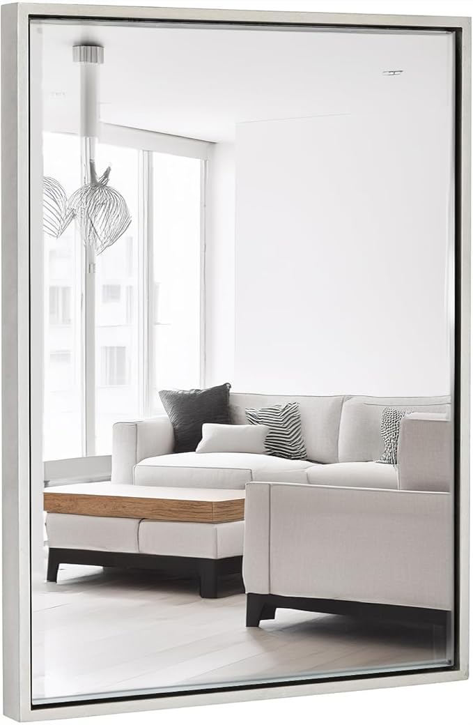 Hamilton Hills 30x40 inch Polished Silver Metal Framed Wall Mounted Mirror - Large Rectangular Bathroom Mirror - 1/2 inch Floating Frame Vanity Nickel Glass - Hangs Horizontal or Vertical