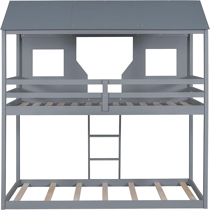 Ball & Cast Twin Over Twin Size Playhouse Bunk Bed with Roof and Window,Wood Bunkbed w/Full-Length Guard Rail & Ladder,Slat Support,Space Saving,Bedroom Furniture for Student Dorms,Gray