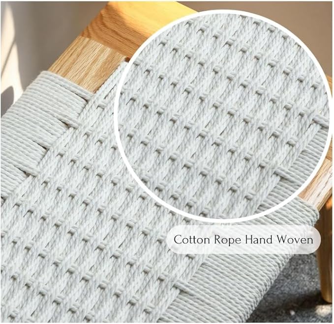 Solid Wood Entryway Bench, Wooden Dining Benches for 2, End of Bed Bench w/Hand-Woven Rope for Bedroom Kitchen Dining Room Living Room Entry Décor (White Rope, 31.49" L)