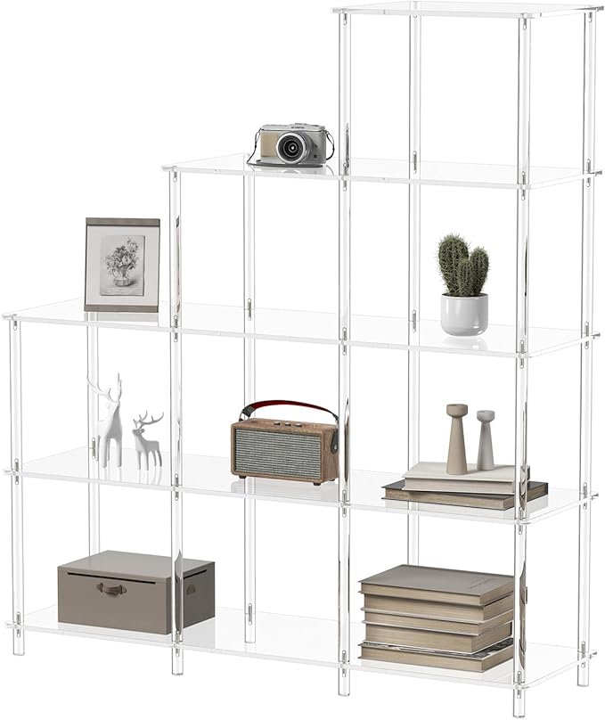 5-Tier Acrylic Bookshelf, 9 Cube Bookcase, Clear Open Stepped Book Shelf for Home Office, Living Room, Bedroom, Easy Assembly, 11.8" D x 40.6" W x 46.1" H