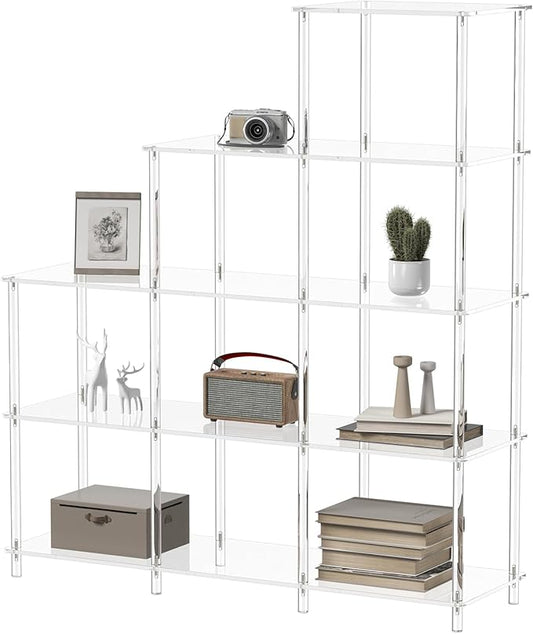 5-Tier Acrylic Bookshelf, 9 Cube Bookcase, Clear Open Stepped Book Shelf for Home Office, Living Room, Bedroom, Easy Assembly, 11.8" D x 40.6" W x 46.1" H