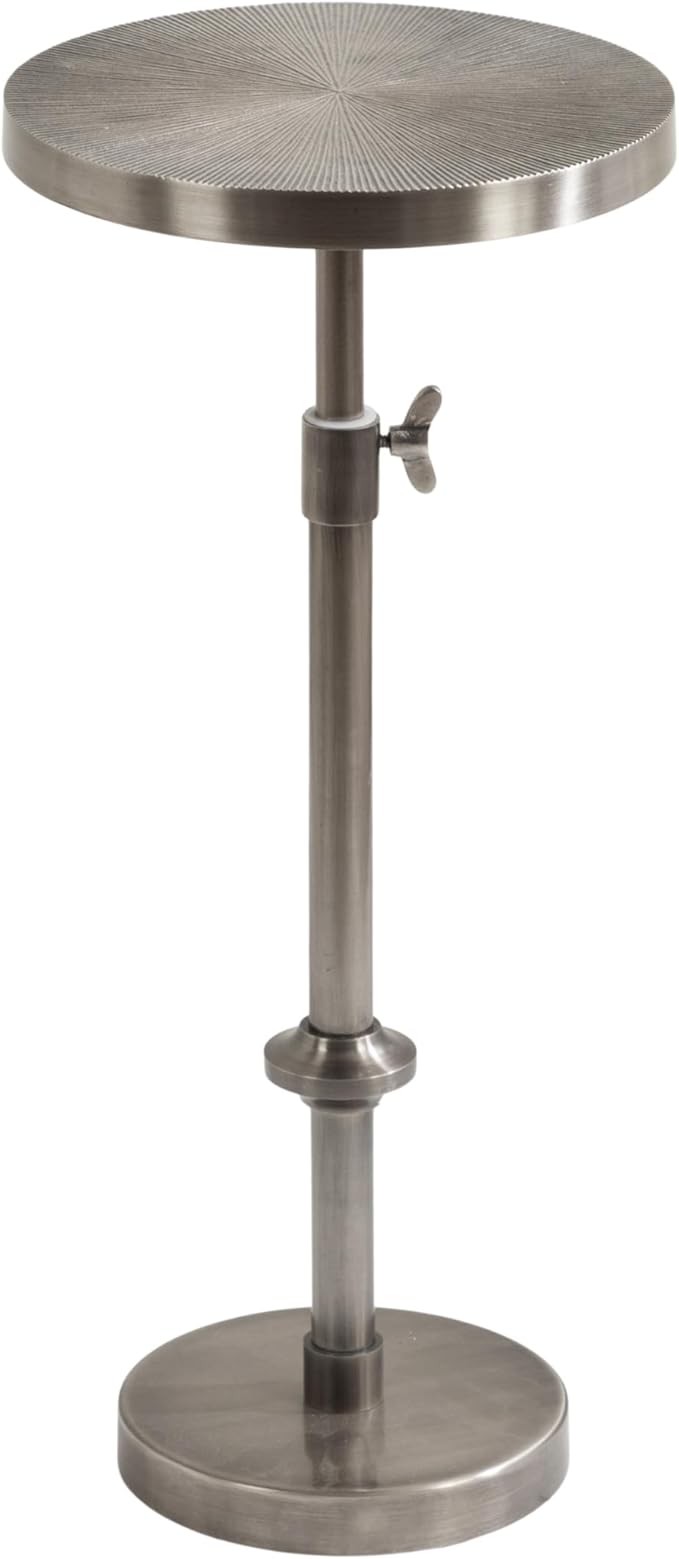 Kate and Laurel Engles Traditional Adjustable-Height Pedestal Drink Table; 10 x 10 x 30; Antique Silver; Vintage Round Indoor Metal Plant Stand with Embossed Sunburst Pattern