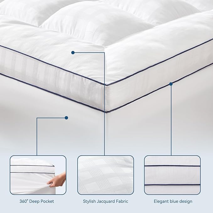 ELEMUSE California King Cooling Mattress Topper, Extra Thick 1300gsm Mattress Pad for Back Pain, Plush 500TC Cotton Pillow Top with Deep Pocket, Overfilled with Mixed Advansa Down Alternative Filling