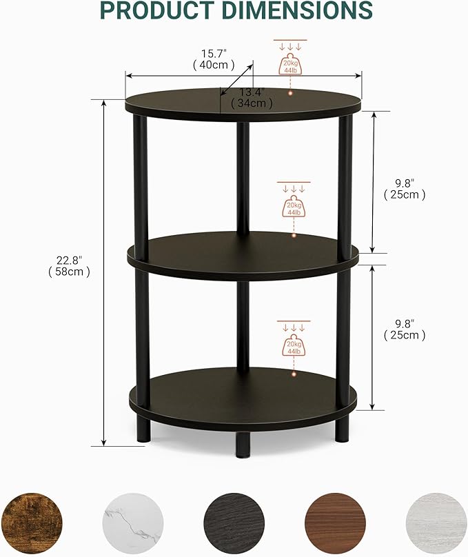 Small Round Side Table - 3-Tier Oval Accent Table for Small Spaces, Rustic Wood and Metal Couch End Table, Nightstand for Bedroom or End Table Living Room, Set of 2, Charcoal Wenge