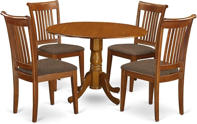 East West Furniture DLPO5-SBR-C 5 Piece Dinette Set for 4 Includes a Round Dining Room Table with Dropleaf and 4 Linen Fabric Upholstered Dining Chairs, 42x42 Inch, Saddle Brown