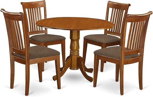 East West Furniture DLPO5-SBR-C 5 Piece Dinette Set for 4 Includes a Round Dining Room Table with Dropleaf and 4 Linen Fabric Upholstered Dining Chairs, 42x42 Inch, Saddle Brown