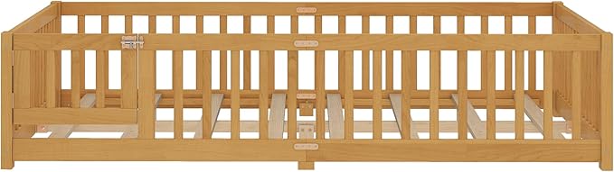 Queen Size Floor Bed Frame with Slats and Safety Guardrail, Wood Queen Size Montessori Floor Bed with Door and Fence, Easy Assemble Montessori Beds for Kids, Girls, Boys, Natural