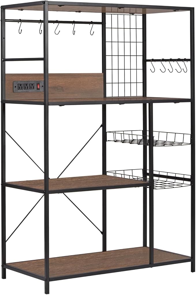Bakers Rack with Power Outlet, Microwave Stand with Storage, Coffee Bar Organizer Cabinet with Wire Basket, Kitchen Shelf for Spices, 10 Hooks, Industrial, Brown