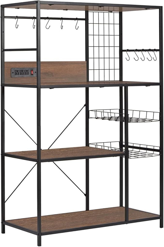 Bakers Rack with Power Outlet, Microwave Stand with Storage, Coffee Bar Organizer Cabinet with Wire Basket, Kitchen Shelf for Spices, 10 Hooks, Industrial, Brown