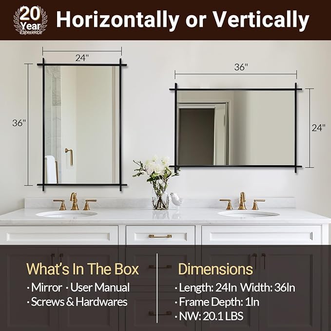 ANDY STAR Black Vintage Bathroom Mirror, 24x36 Inch Cross Corner Mirrors for Bathroom in 1 Inch Stainless Steel Metal Frame Minimalist for Home Decor Wall Mounted Horizontal/Vertical